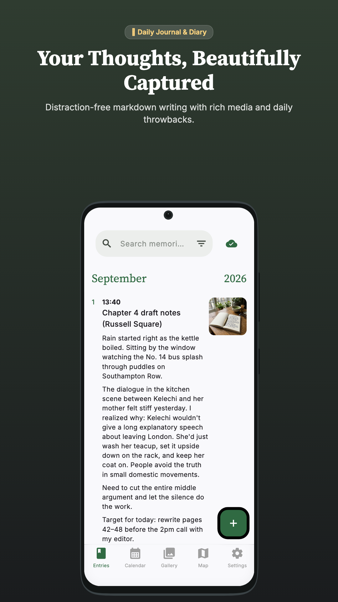 Reflective timeline screen showing distraction-free markdown journal entries and daily throwbacks