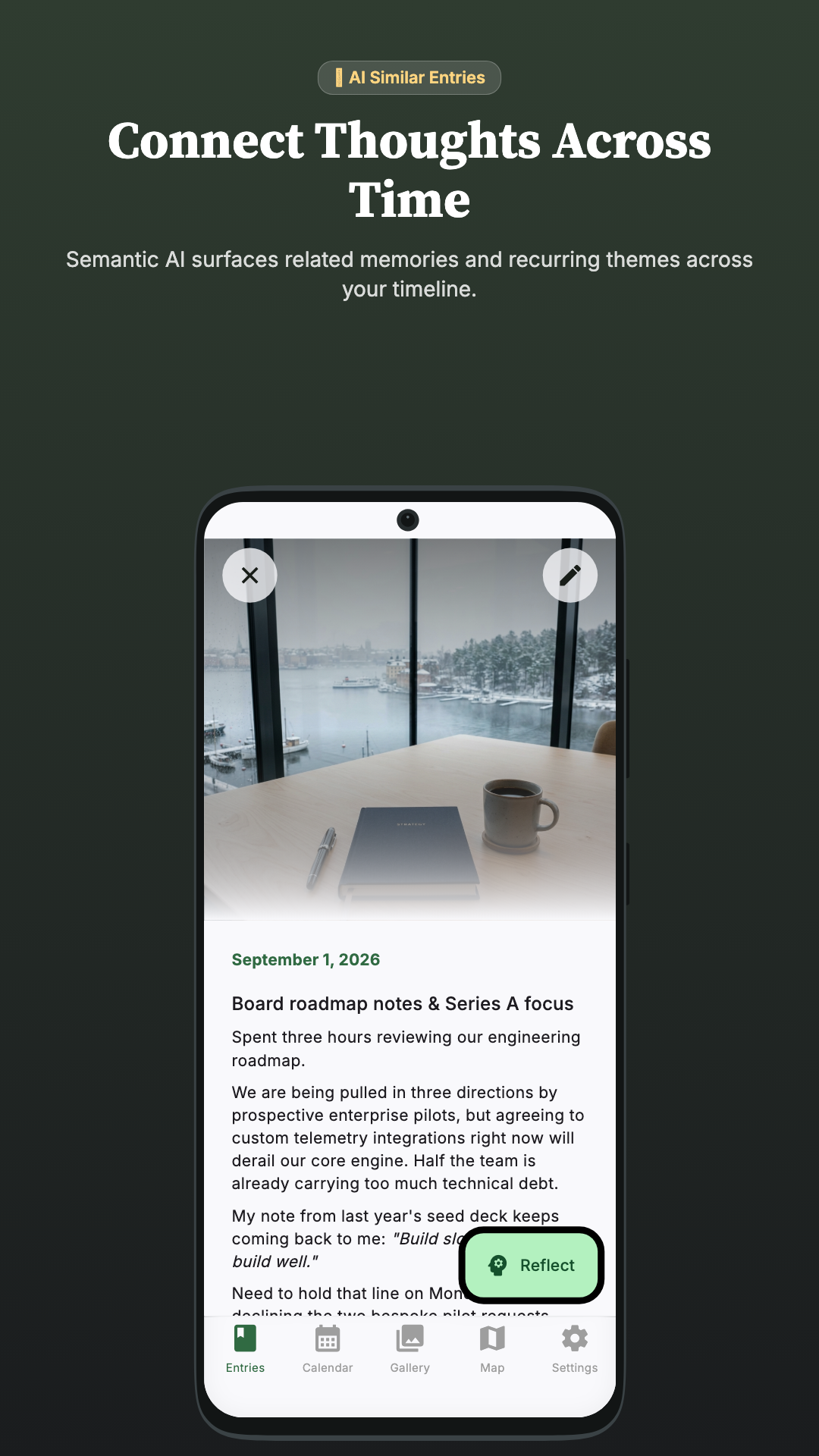 Semantic AI reflections surfacing related memories and recurring themes across your timeline