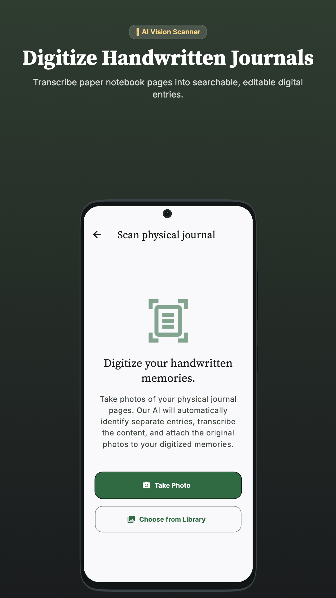 AI Vision Scanner transcribing physical notebook pages into searchable, editable digital entries