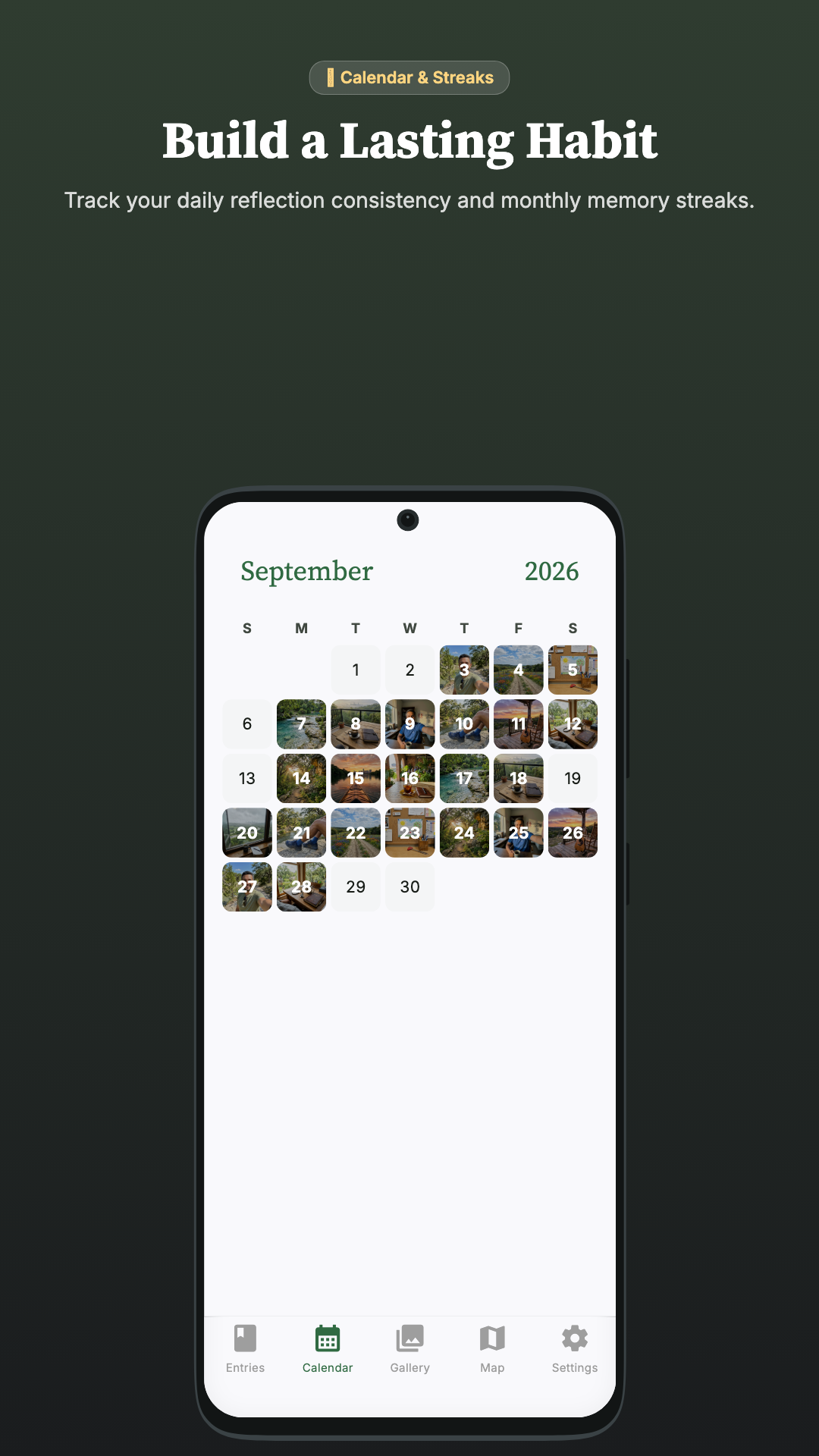 Interactive monthly calendar with daily reflection consistency and memory streaks