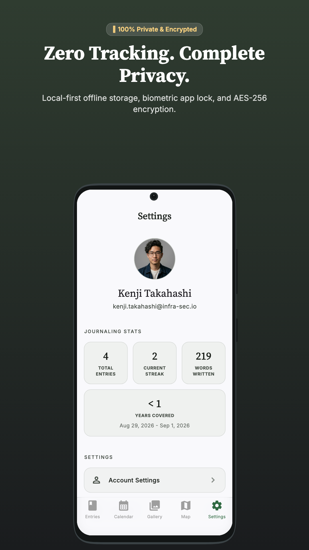 Privacy settings screen detailing biometric lock, on-device AES-256 encryption, and zero telemetry